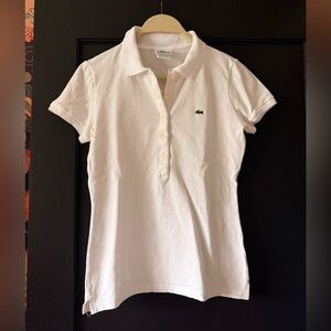 Women’s Lacoste White Polo Shirt Size 36 Izod Preppy Size S XS Fitted Peru